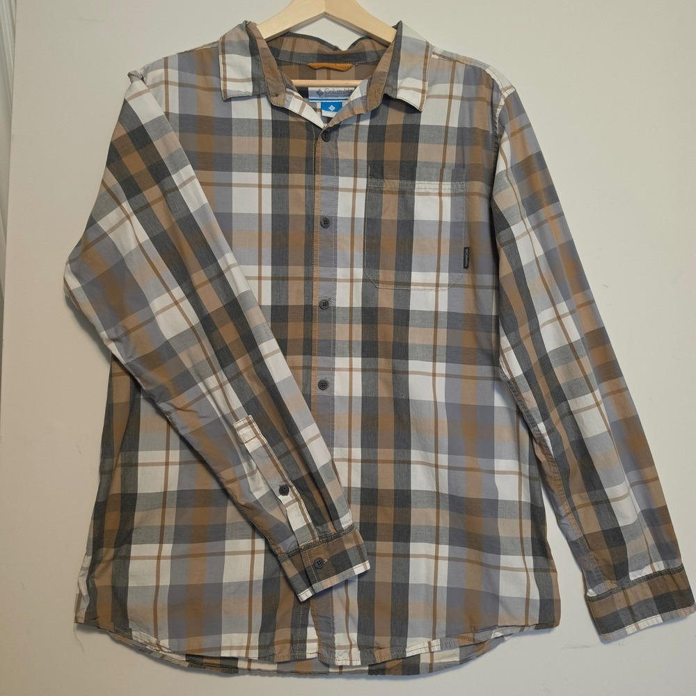 Columbia Plaid Long Sleeve Button Down Shirt Brown Tan Grey Mens Size XLarge